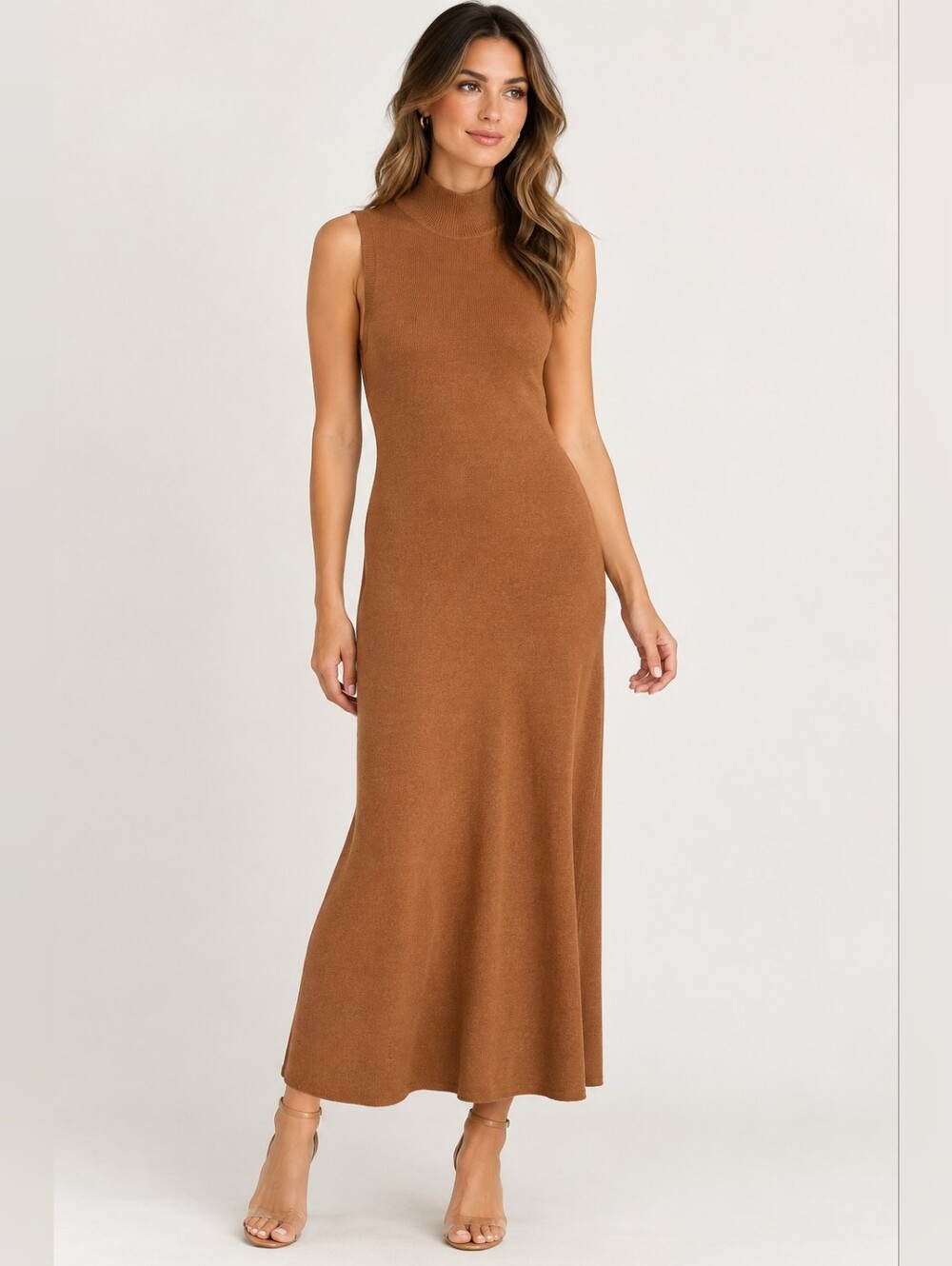 Ribbed Sleeveless Maxi Dress in Camel Brown